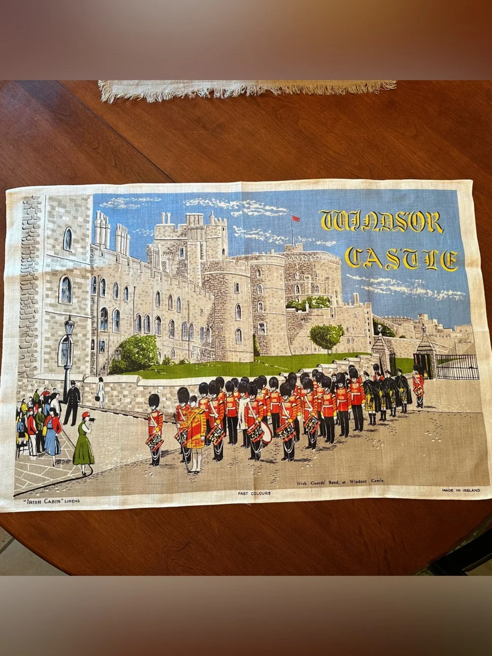 Vintage Irish Cabins Linen Souvenir Tea Towel Windsor Castle Irish Guards' Band